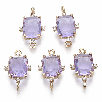 Glass Links connectors, with Brass Micro Pave Cubic Zirconia, Faceted, Rectangle, Light Gold, Lilac, 20x12x5.5mm, Hole: 1.2mm