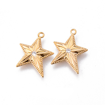 Brass Micro Pave Clear Cubic Zirconia Pendants, Nickel Free, Star, Real 18K Gold Plated, 17x13.5x2mm, Hole: 1mm