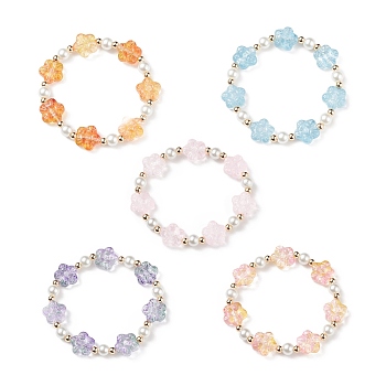 5Pcs 5 Color Glass Plum Blossom & Imitation Pearl Beaded Stretch Bracelets Set, Stackable Bracelets for Girls, Mixed Color, Inner Diameter: 1-7/8 inch(4.7cm), 1Pc/color