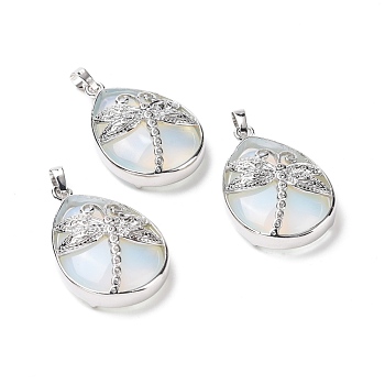 Opalite Pendants, with Platinum Tone Brass Findings, Lead Free & Cadmium Free, Teardrop with Dragonfly Charms, 40~40.5x26~26.5x9~9.5mm, Hole: 5x7mm