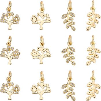 SUPERFINDINGS 12Pcs 2 Style  Brass Micro Pave Clear Cubic Zirconia Pendant, with Jump Ring, Long-Lasting Plated, Tree & Leaf, Golden, 13~14x8~11x2mm, Hole: 3mm, 6pcs/style