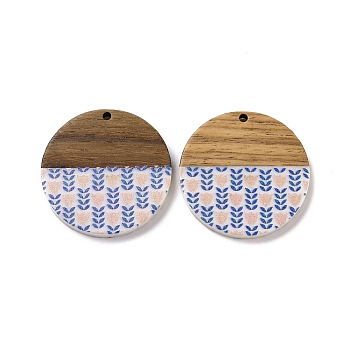 Opaque Resin & Walnut Wood Pendants, Flat Round Charms with Flower Pattern, Blue, 35x4mm, Hole: 2mm