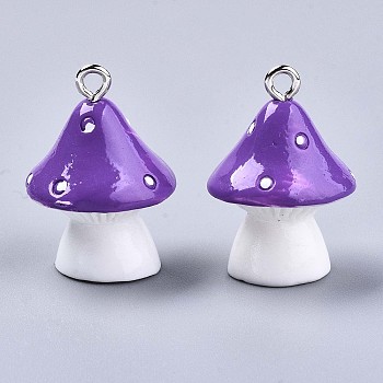 Opaque Resin Pendants, with Platinum Tone Iron Loops, Mushroom with Polka Dots, Dark Violet, 23~24x17mm, Hole: 2mm
