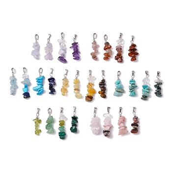 28Pcs 28 Styles Natural Mixed Gemstone Chip Pendants, with 304 Stainless Steel Snap on Bails, Stainless Steel Color, 27.5~34.5x5~9x4.5~9mm, Hole: 6x3mm, 1pc/style