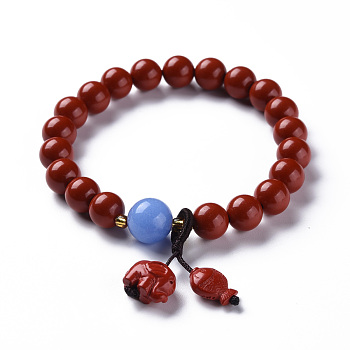 Elephant and Fish Cinnabar Mala Bead Bracelets, with Natural Blue Quartz Beads, Buddhist Jewelry, Stretch Bracelets, Red, Inner Diameter: 2 inch(5cm)
