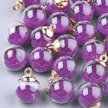 Glass Ball Pendants, with Micro Beads and CCB Plastic Findings, Round, Medium Violet Red, 21x15.5~16mm, Hole: 2mm