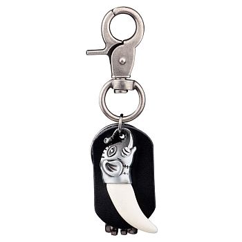 Alloy & Leather Keychains, Resin Imitation Elephant Tusk Shape Charm Keychain, Antique Silver, 12x4cm