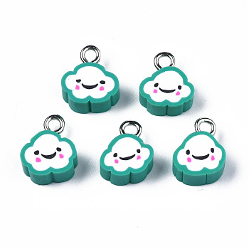 Handmade Polymer Clay Charms, with Platinum Plated Iron Loop, Cloud with Smile, Light Sea Green, 11~14x9~11.5x4mm, Hole: 1.8mm