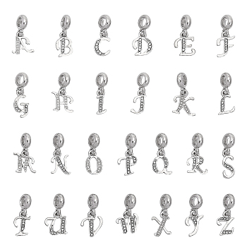 CHGCRAFT 26Pcs 26 Styles Rack Plating Alloy Crystal Rhinestone European Dangle Charms, Large Hole Pendants, Letter Links, Cadmium Free & Lead Free, Platinum, Letter A~Z, 23~27mm, Pendants: 13~16.5x6~14x2mm, Hole: 4.5mm, 1pc/style