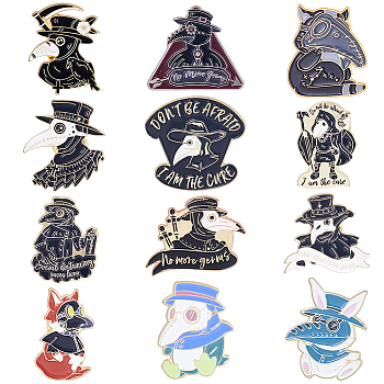 12Pcs 12 Style Plague Doctor Enamel Pins, Alloy Crow with Word Brooch for Clothes Backpack, Mixed Color, 26~31x20.5~32x1.3~1.5mm, pin: 1mm, 1Pc/style