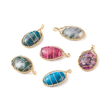 Natural Mixed Gemstone Pendants, with Real 18K Gold Plated Copper Wire, Oval, 35.5~37.5x20~21.5x7~8mm, Hole: 4x5mm