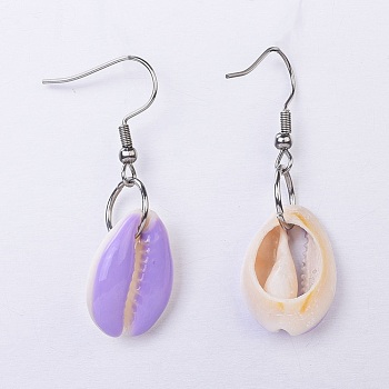 Dangle Earring, with Stainless Steel Findings, Cowrie Shell and Enamel Beads, Lilac, 41.5~45.5mm, Pin: 0.6mm
