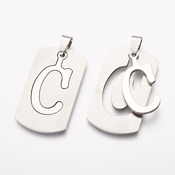 304 Stainless Steel Split Pendants, Rectangle with Letter.C, 41x23x1mm, Hole: 4x6~9mm