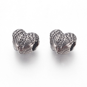 316 Surgical Stainless Steel European Beads, Large Hole Beads, Heart with Wing, Antique Silver, 10x11.5x7.5mm, Hole: 4.5mm