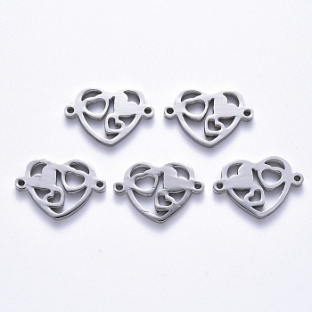 201 Stainless Steel Links Connectors, Laser Cut, Heart, for Valentine's Day Jewelry Making, Stainless Steel Color, 12x18.5x1.5mm, Hole: 1.2mm