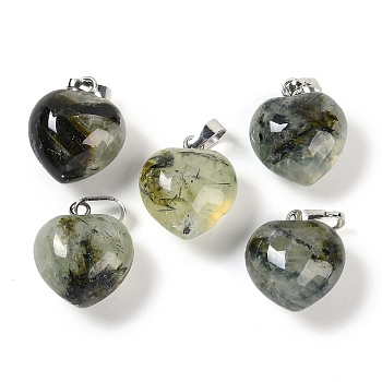 Natural Prehnite Pendants, Heart Charms with Brass Snap on Bails, Platinum, 18x15.5x10mm, Hole: 5x3mm