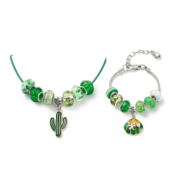DIY European Bracelet Necklace Making Kit for Kid, Including Brass Chain Bracelet & Wax Rope Necklace Making, Large Hole Style Alloy Pendant & Resin Beads, Green, Pendant: 31.5~37mm, Hole: 5mm, 16Pcs/set
