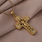Vintage 316 Surgical Stainless Steel with Clear Glass Hollow Jesus Cross Pendant Necklaces for Women Men, Golden, 15.75 inch(40cm)(ES5776)