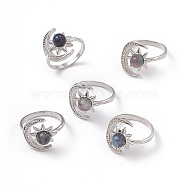 Natural Labradorite Finger Rings, Platinum Tone Brass Jewelry for Women, Moon & Sun, 2mm, Inner Diameter: US Size 6(16.5mm)(RJEW-E067-04P)