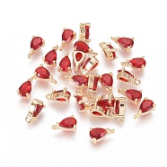 Real 18K Gold Plated Brass Charms, with Cubic Zirconia, Teardrop, Red, 8.5x5.5x3.5mm, Hole: 1mm(ZIRC-L077-016A-G)