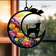 Moon with Cat Window Suncatchers, Wall Art Window Hanging Memorial Pendant Decoration, Dog, 100mm(PW-WG7D0D8-03)