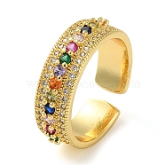 Rack Plating Brass Micro Pave Cubic Zirconia Open Cuff Rings, Real 18K Gold Plated, Colorful, Adjustable(RJEW-K266-04C-G)