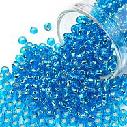 TOHO Round Seed Beads, Japanese Seed Beads, (23B) Silver Lined Aqua, 8/0, 3mm, Hole: 1mm, about 222pcs/bottle, 10g/bottle(SEED-JPTR08-0023B)