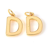 Brass Charms, with Jump Rings, Letter, Real 18K Gold Plated, Letter.D, D: 10x7x1mm, Hole: 2.5mm(X-KK-I672-01D-G)