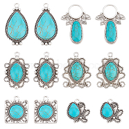 Elite 12Pcs 6 Style Synthetic Turquoise Pendants, with Antique Silver Tone Alloy Findings, Mixed Shapes, 28~45x23.5~31x5.5~7mm, Hole: 3mm, 2pcs/style(FIND-PH0005-12)