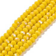 Electroplate Opaque Solid Color Glass Beads Strands, Half Rainbow Plated, Faceted, Rondelle, Yellow, 6x5mm, Hole: 1mm, about 85~88pcs/strand, 16.1~16.5 inch(41~42cm)(X1-EGLA-A034-P6mm-L02)