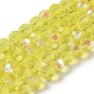 Electroplate Transparent Glass Beads Strands, Faceted, Round, Rainbow Plated, Yellow, 6mm, Hole: 1mm, about 98~100pcs/strand, 20.39~20.59 inch(51.8~52.3cm)(EGLA-A035-T6mm-L03)