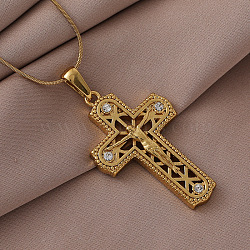 Vintage 316 Surgical Stainless Steel with Clear Glass Hollow Jesus Cross Pendant Necklaces for Women Men, Golden, 15.75 inch(40cm)(ES5776)