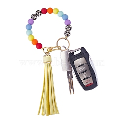 Silicone Round Beaded Keychain with Imitation Leather Tassel, with Alloy Swivel Clasps and 304 Stainless Steel Split Key Rings, Yellow, 25cm(KEYC-SW00005-04)