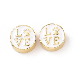 Brass Enamel Beads, Cadmium Free & Lead Free, Long-Lasting Plated, Real 18K Gold Plated, Flat Round with Word Love & Cat Paw, White, 12x5.5mm, Hole: 2.5mm(KK-C004-13G)