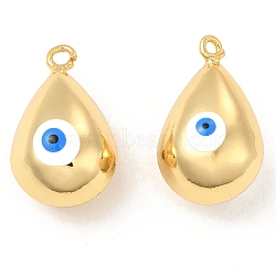 Brass Pendants, with Enamel, Real 18K Gold Plated, Long-Lasting Plated, Teardorp with Evil Eye Charm, White, 26x15.5x15mm, Hole: 2.6mm(KK-E076-01G-03)