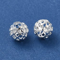 Brass Hollow Spacer Beads, Round, 925 Sterling Silver Plated, 8x7.5mm, Hole: 3.2mm(KK-P249-03D-S)