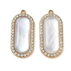 Natural Freshwater Shell Pendants, Oval Charm, with 304 Stainless Steel Findings & Rhinestone, Ion Plating(IP), Long-Lasting Plated, 30.5x14x14.5mm, Hole: 1.2mm(SH-CBA11D7-30A-G)