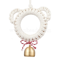 Wood & Cotton Thread Bear Head Pendant Decorations, with Brass Bell, for Home Wall Door Hanging Ornaments, White, 258mm(HJEW-TA00303)