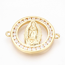 Brass Micro Pave Cubic Zirconia Links, Clear, Flat Round with Virgin Mary, Golden, 25x20x2mm, Hole: 1mm(ZIRC-T004-55G)