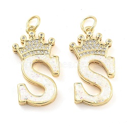 Brass Micro Pave Clear Cubic Zirconia Pendants, with Synthetic Opal, Real 18K Gold Plated, with Jump Ring, Letter S, 26.5~33x14~23.5x3.5~4.5mm, Hole: 4.5mm(KK-G498-01S-02)