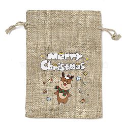 Christmas Printed Burlap Packing Pouches Drawstring Bags, Rectangle, Tan, Deer, 14x10x0.01cm(ABAG-Q053-02A-05)