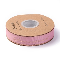 Polyester Grosgrain Ribbon, Edge Golden Hot Stamping, Word Pattern, for Crafts Gift Wrapping, DIY Bows Bouquet Decoration, Pink, 1 inch(25mm), about 25yards/roll(22.86m/roll)(OCOR-O010-A07)