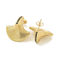 PVD Vacuum Plating 304 Stainless Steel with Rhinestone Stud Earrings for Women, Golden, Fan, Jet, 25x24.5mm(EJEW-G401-03G-02)