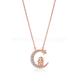 Chinese Zodiac Necklace Chicken Necklace 925 Sterling Silver Rose Gold Rooster on the Moon Pendant Charm Necklace Zircon Moon and Star Necklace Cute Animal Jewelry Gifts for Women, Rooster, 15 inch(38cm)(JN1090J)