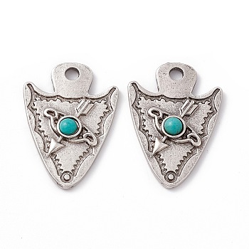 Synthetic Turquoise Half Round Pendants, Arrow Charms, with Rack Plating Alloy Findings, Antique Silver, 30x21x4mm, Hole: 3mm