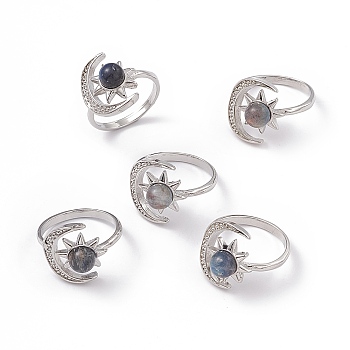 Natural Labradorite Finger Rings, Platinum Tone Brass Jewelry for Women, Moon & Sun, 2mm, Inner Diameter: US Size 6(16.5mm)