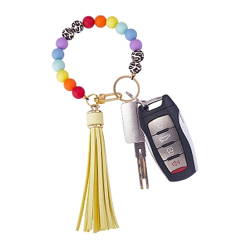 Silicone Round Beaded Keychain with Imitation Leather Tassel, with Alloy Swivel Clasps and 304 Stainless Steel Split Key Rings, Yellow, 25cm