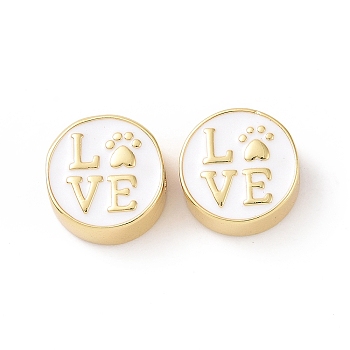 Brass Enamel Beads, Cadmium Free & Lead Free, Long-Lasting Plated, Real 18K Gold Plated, Flat Round with Word Love & Cat Paw, White, 12x5.5mm, Hole: 2.5mm