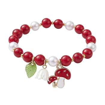 Natural Mashan Jade & Acrylic Pearl Stretch Bracelets, with Alloy Enamel Mushroom Charms, Red, Inner Diameter: 2 inch(5.2cm)