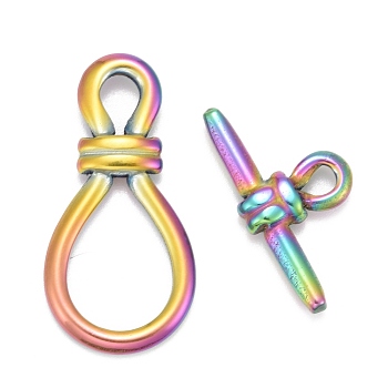 304 Stainless Steel Toggle Clasps, Bulb, Rainbow Color, Bar: 13.5x26x4.5mm, Hole: 3mm, Bulb: 34x17x4mm, hole: 4.5x6mm, 17x12mm.